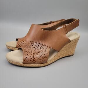 Clarks Size 6 Sandals Lafley Joy Brown Leather Cork Wedge Heel Open Toe Shoes